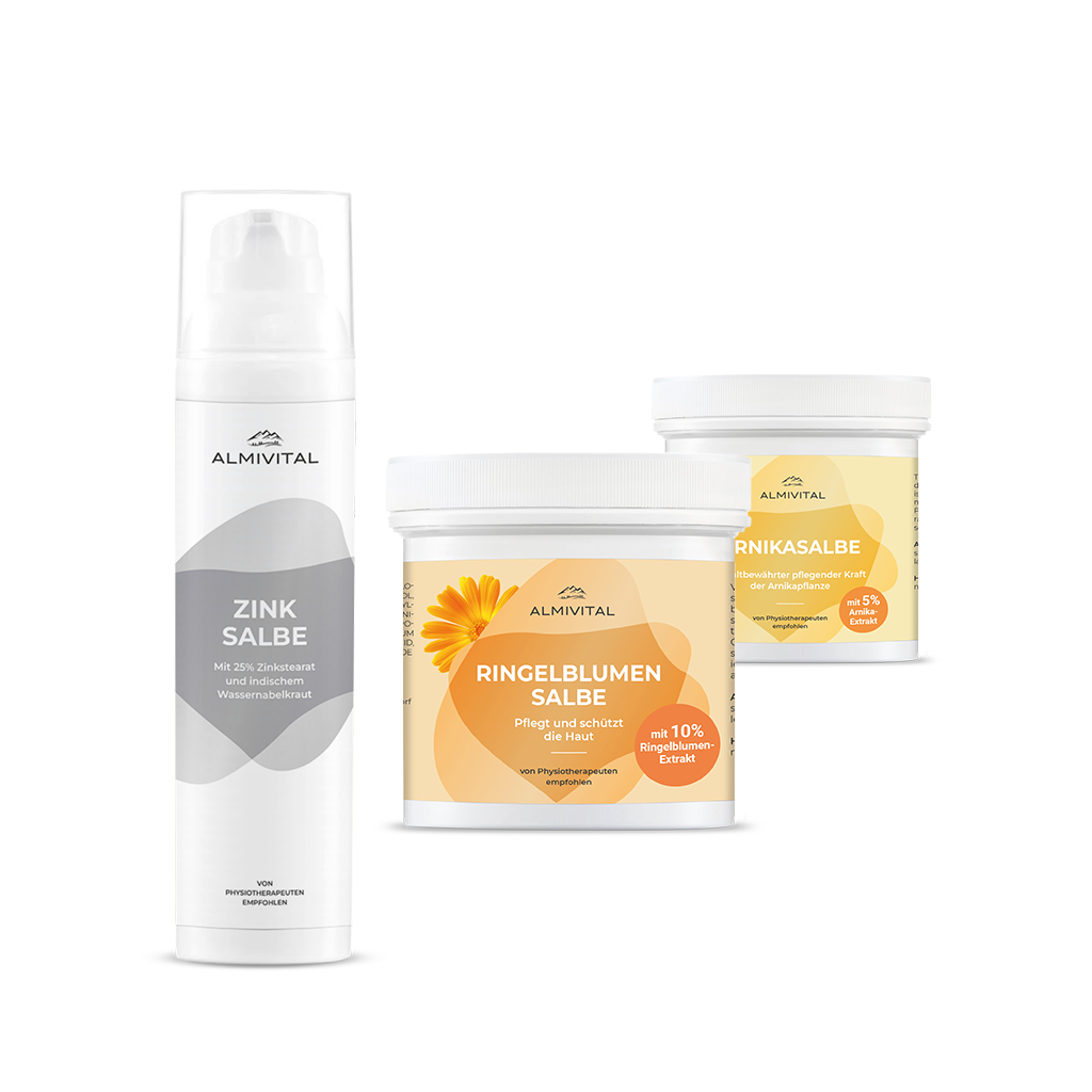 ALMIVITAL Klassiker-Set – Zinksalbe 200 ml + Ringelblumen Salbe 250 ml + Arnikasalbe 250 ml Hausapotheken-Set zum Vorteilspreis – Jetzt über 46 % sparen!