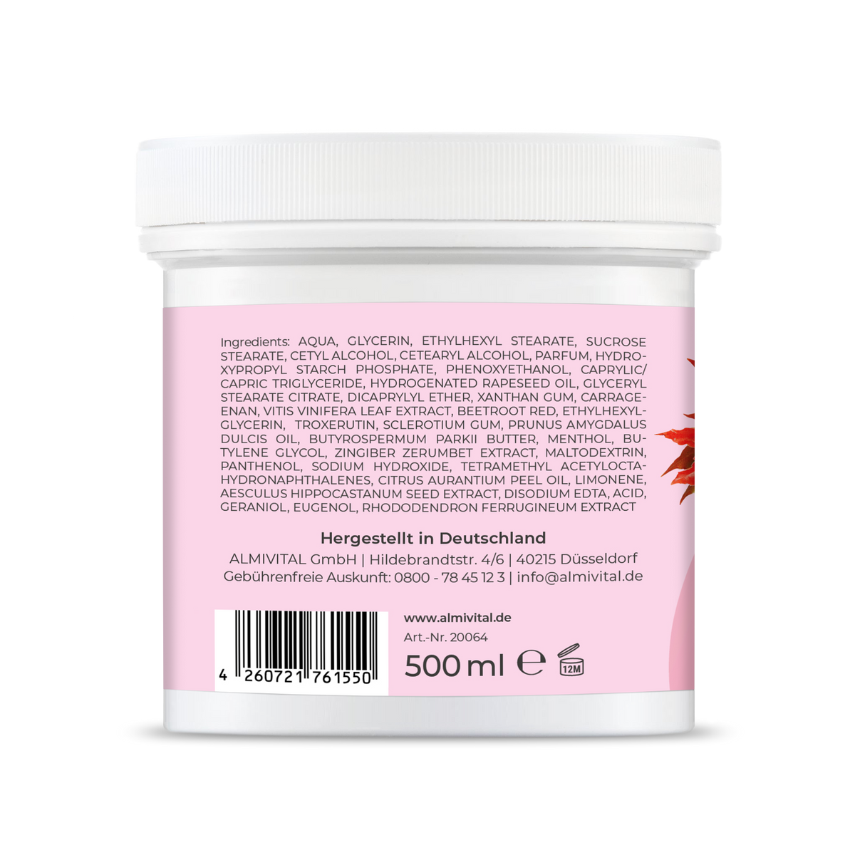 ALMIVITAL Leichte Beine Creme mit 4% rotem Weinlaub, Ingwer, Alpenrosenextract und Gletscherwasser 500ml