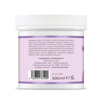 ALMIVITAL Nacken- Schulter- Rücken Salbe mit 10 % Beinwell, Hyaluron und 5% Teufelskralle – 500 ml