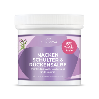 ALMIVITAL Nacken- Schulter- Rücken Salbe mit 10 % Beinwell, Hyaluron und 5% Teufelskralle – 500 ml