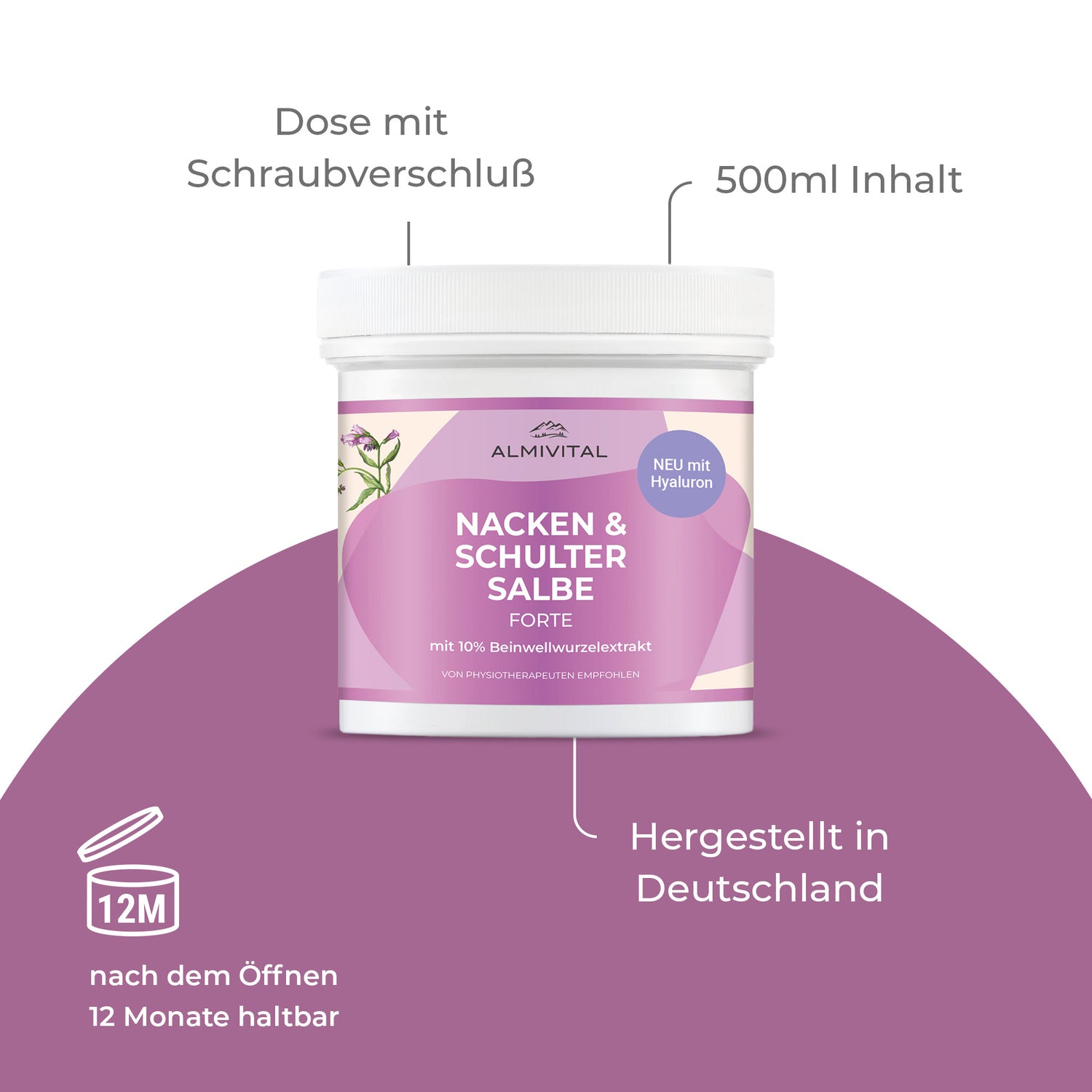 ALMIVITAL Nacken &amp; Schulter Salbe Forte mit  10% Beinwell &amp; Hyaluron – 500 ml XXL Pflege für Nacken &amp; Schultern