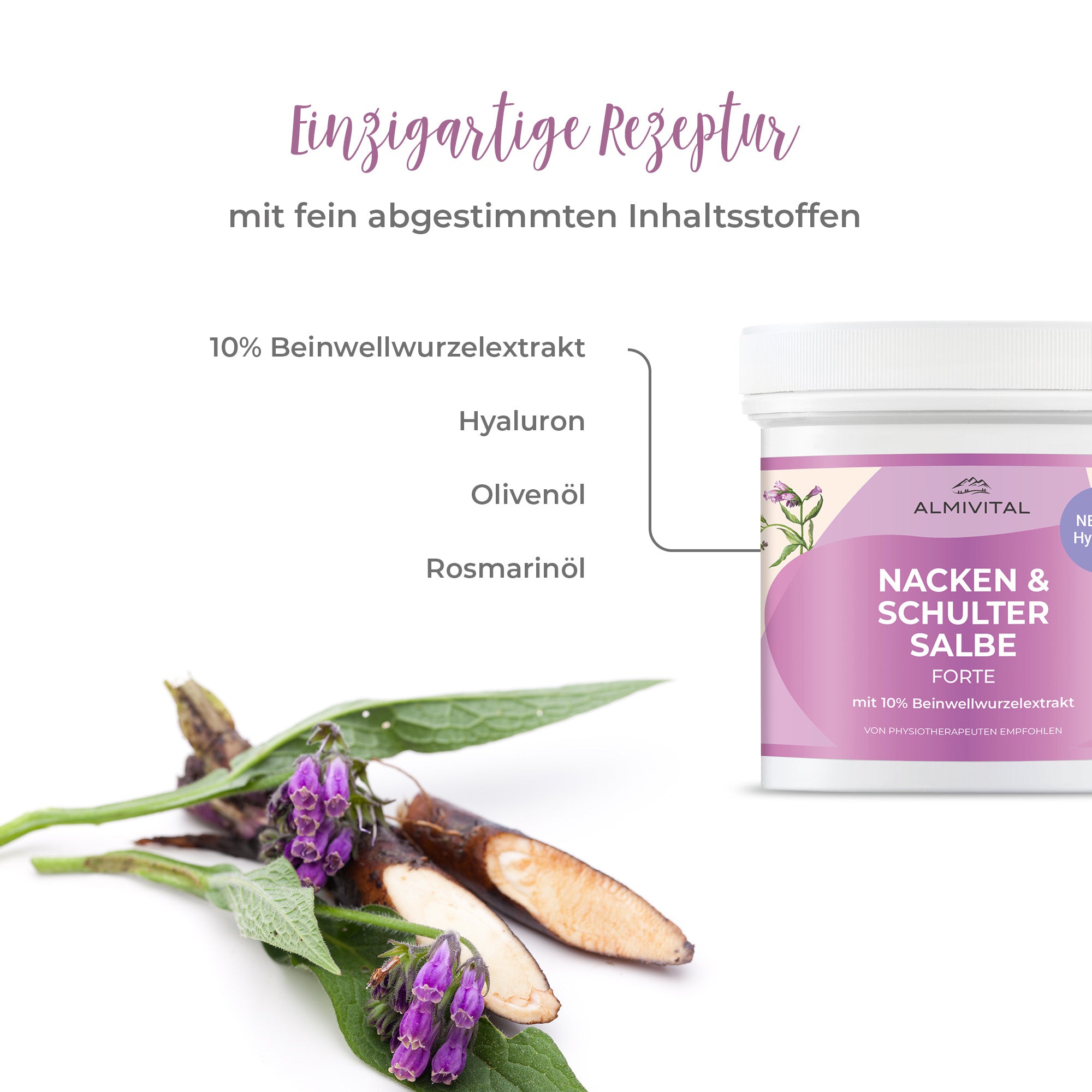 ALMIVITAL Nacken &amp; Schulter Salbe Forte mit  10% Beinwell &amp; Hyaluron – 500 ml XXL Pflege für Nacken &amp; Schultern